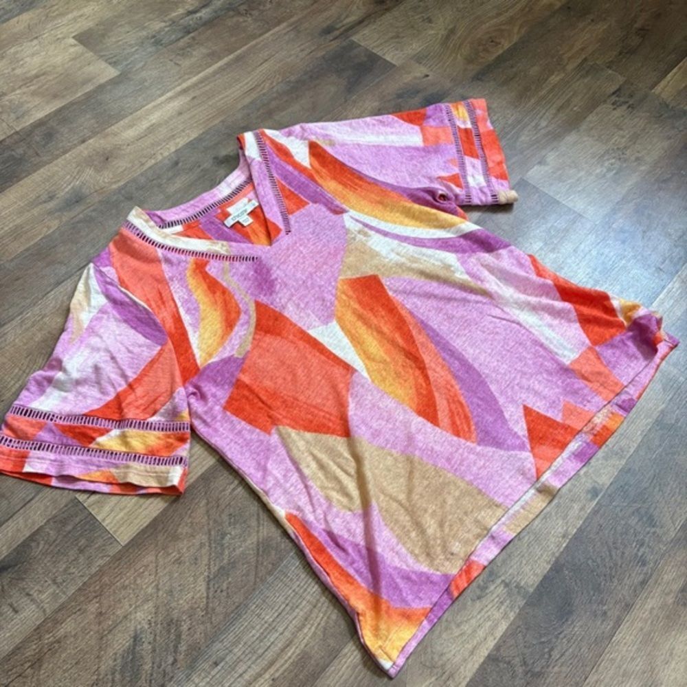 Chico's M Linen Purple Orange Abstract Blouse Preppy Luxury Artsy Boardwalk